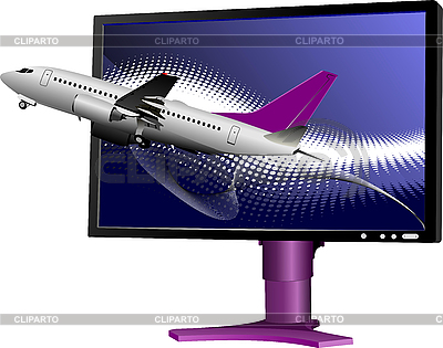 Computer Monitor  on Blue Dotted Background With Flat Computer Monitor With Passenger Plane