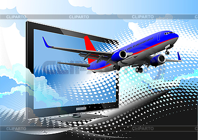 Flat Computer Screen on Blue Dotted Background With Flat Computer Monitor With Passenger Plane