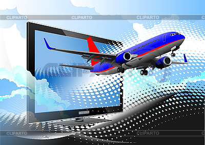 Computer Monitor  on Blue Dotted Background With Flat Computer Monitor With Passenger Plane