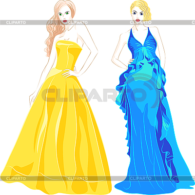 Dress Model Vector on Beautiful Young Girls With Long Hair In A Fashion Evening Dresses Blue