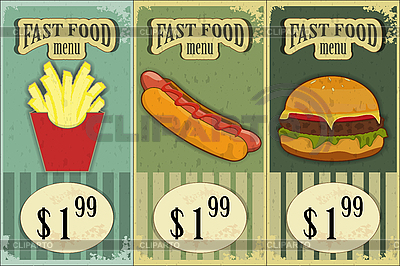 Fast Food Vegetables on Vintage Fast Food Labels   The Food On Grunge Background   Vector