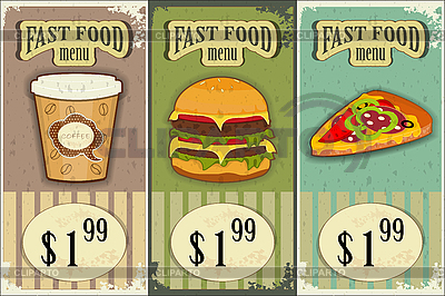 Fast Food Finder on Vintage Fast Food Labels   The Food On Grunge Background   Vector