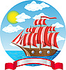 Vector clipart: old wooden sailing vessel at the sea