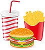 Vector clipart: cheeseburger, fries potato and paper cup with soda