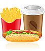 Vector clipart: hotdog, fries potato and paper cup with coffee