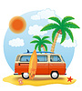 Vector clipart: retro minivan with surfboard on beach