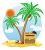 Vector clipart: chest of gold standing under palm tree