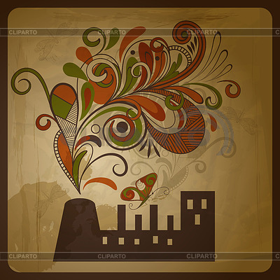 Composición concepto ecológico con la fábrica y exhau floral | Ilustración vectorial de stock |ID 3334335
