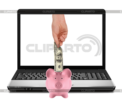 Laptop with piggy bank and hundred dollar | High resolution stock photo |ID 3383512